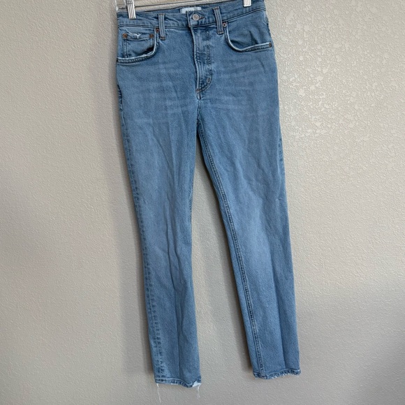 Agolde Denim - AGOLDE‎ Willow Mid Rise Slim Straight Raw Hem Jeans Light Wash 25